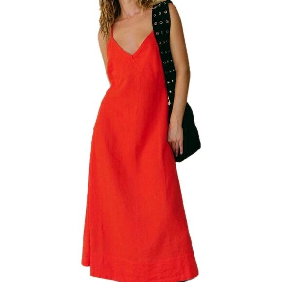 FREE PEOPLE Emmers Linen Midi Maxi Size S Orange Red Vermilion - Picture 1 of 10